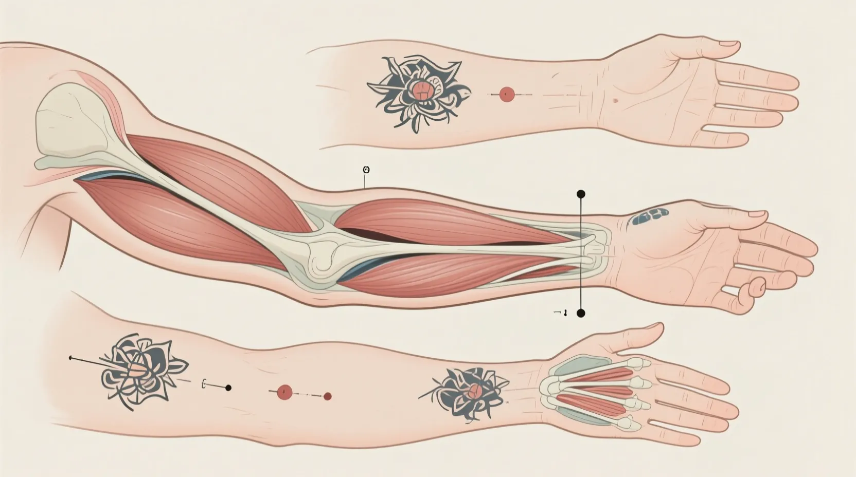 Arm tattoo placements showing bicep, forearm, wrist, and hand areas