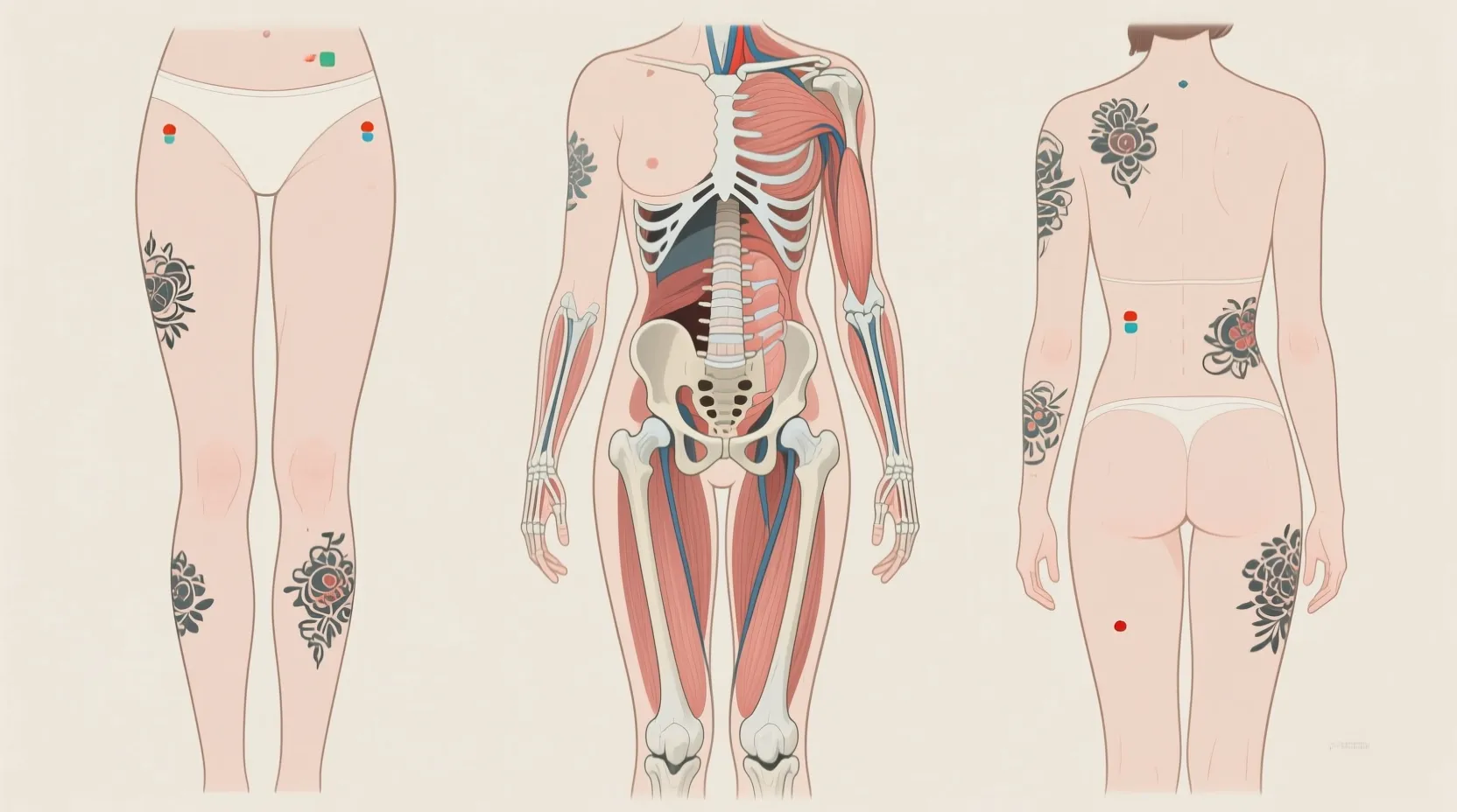 Leg and torso tattoo placements showing thigh, calf, chest, and back areas