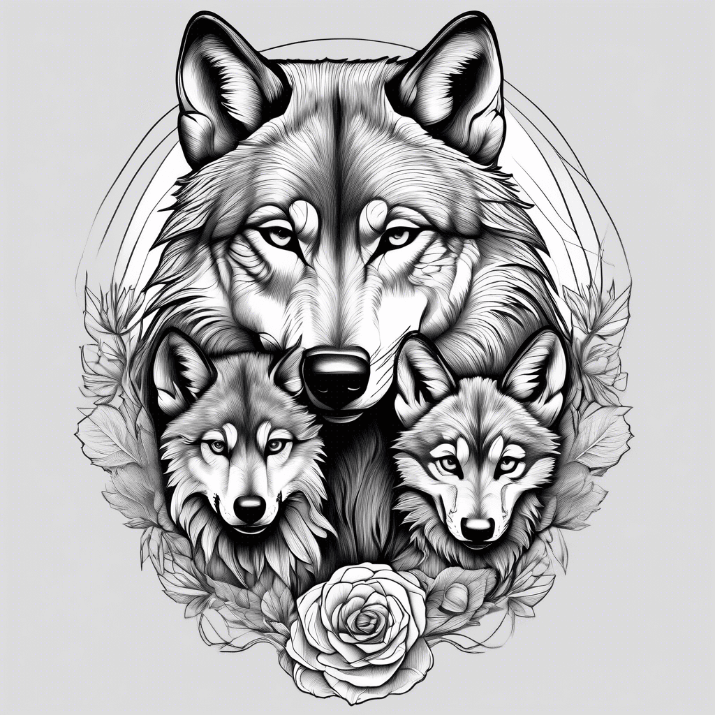 Wolf mom with two cubs