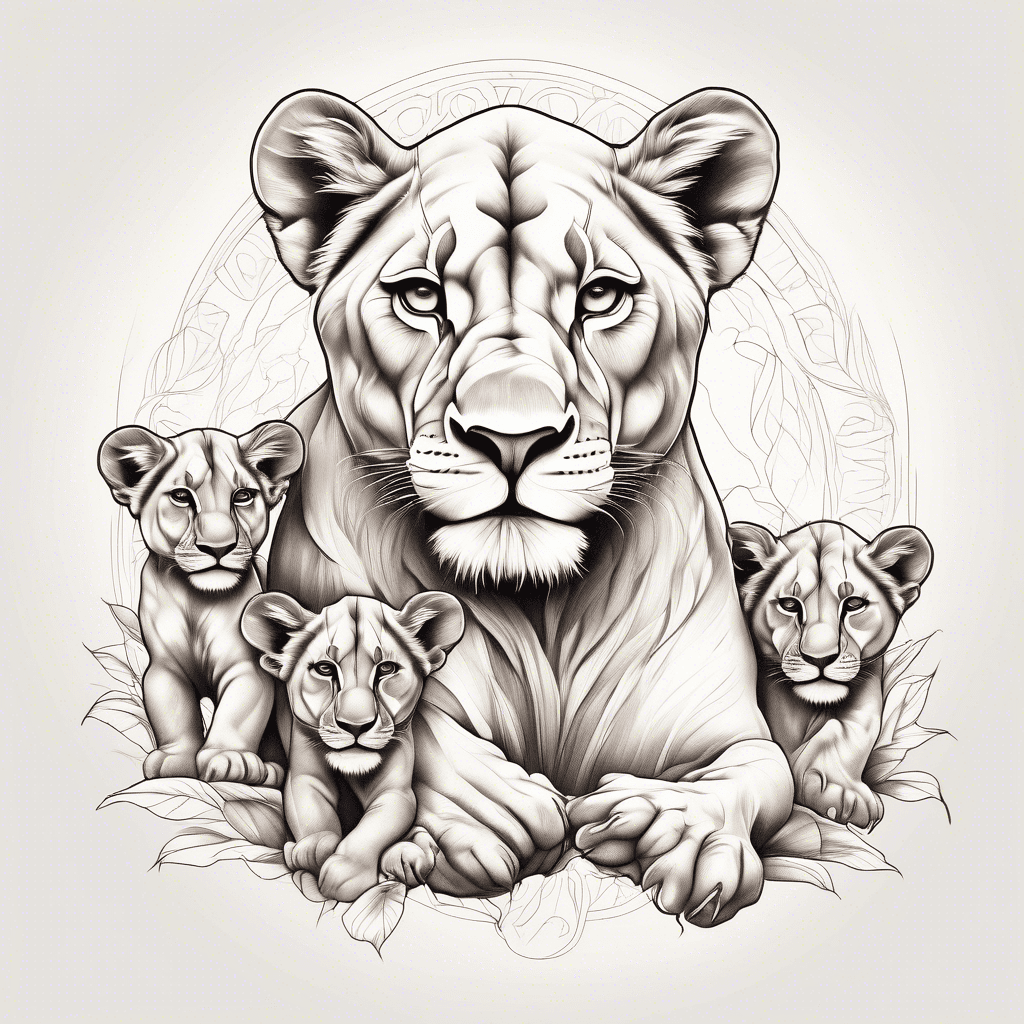 Lioness with 4 lion cubs