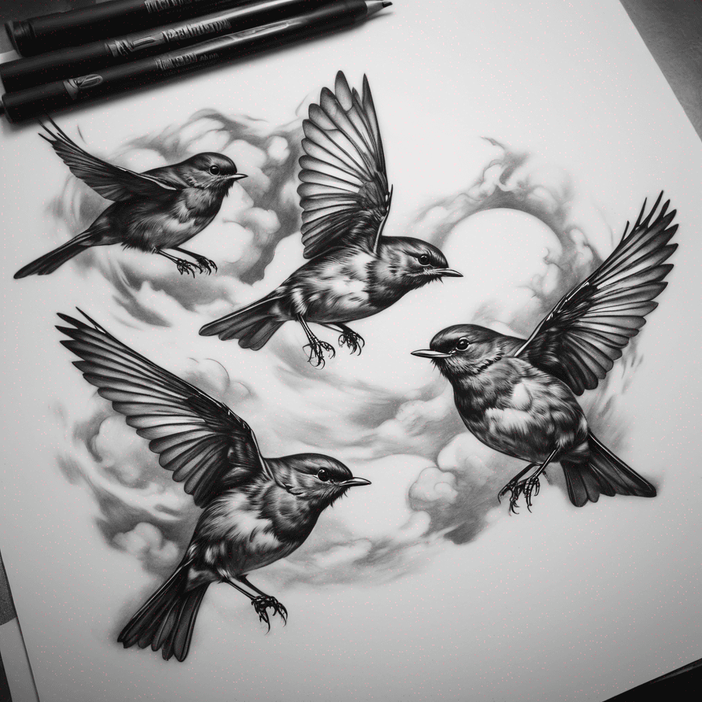 Three robins flying 