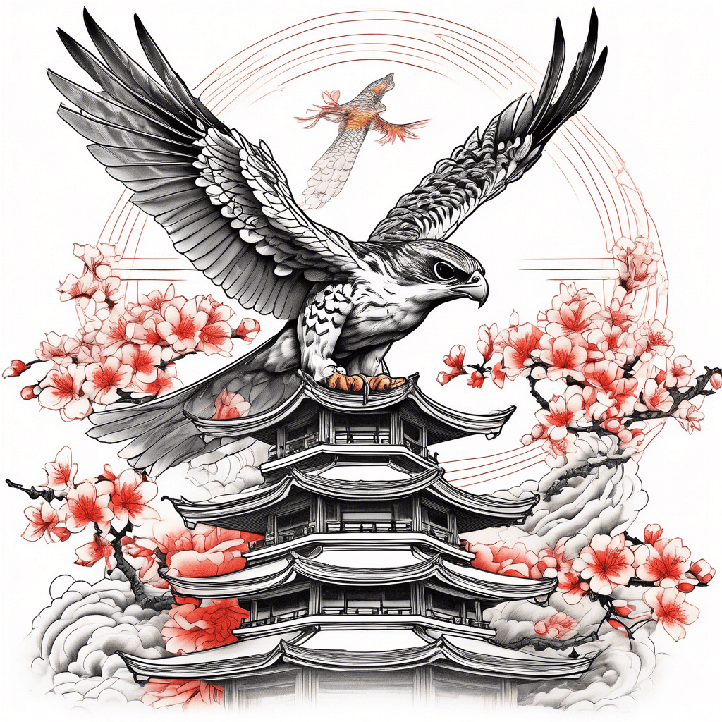 Falcon flying above pagoda