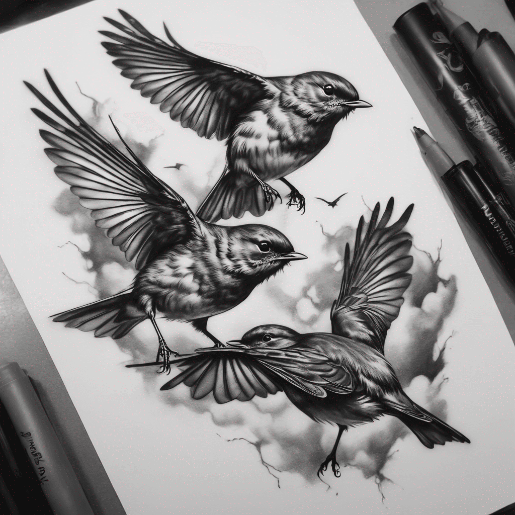 Three robins flying 