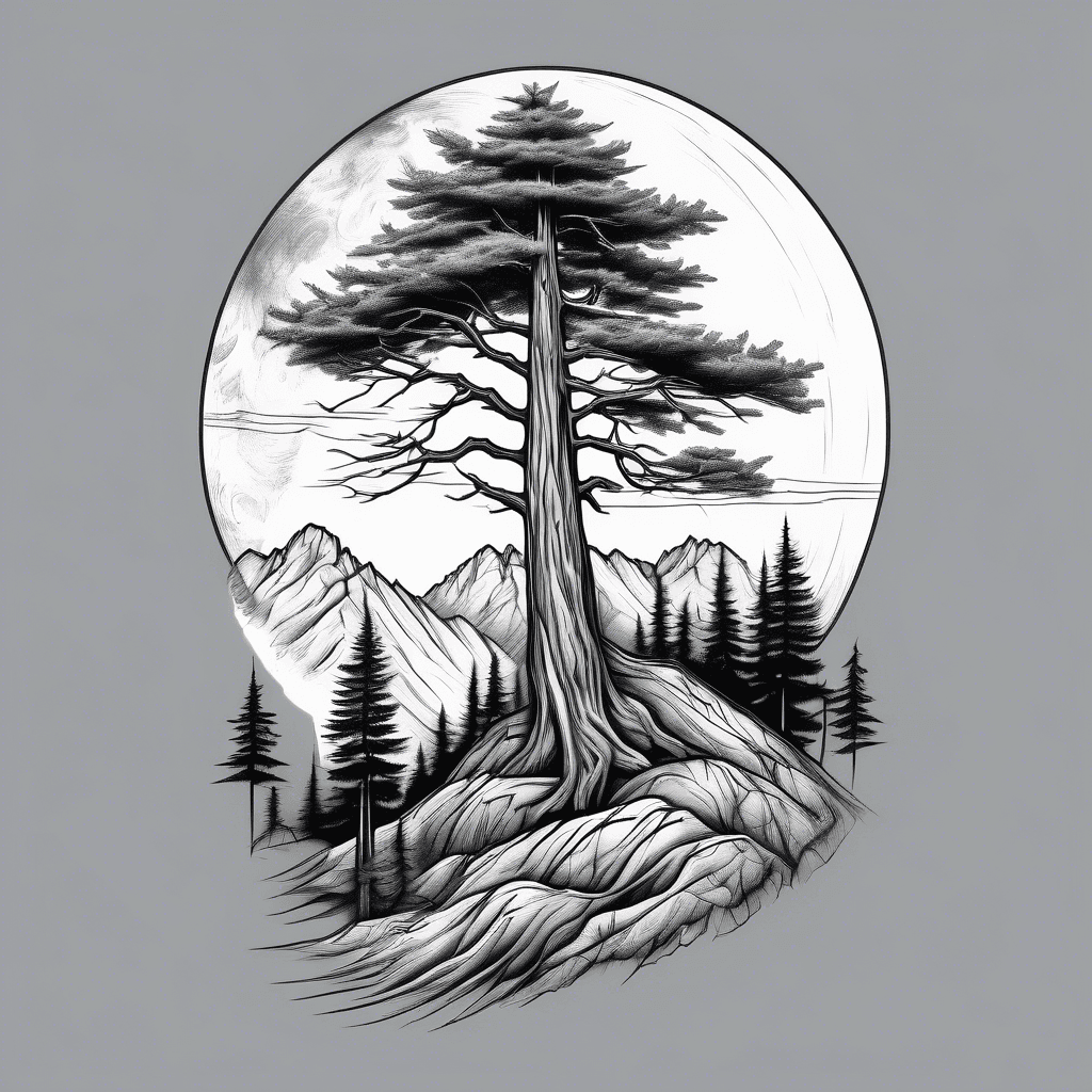 Redwood tree, mountain, moon