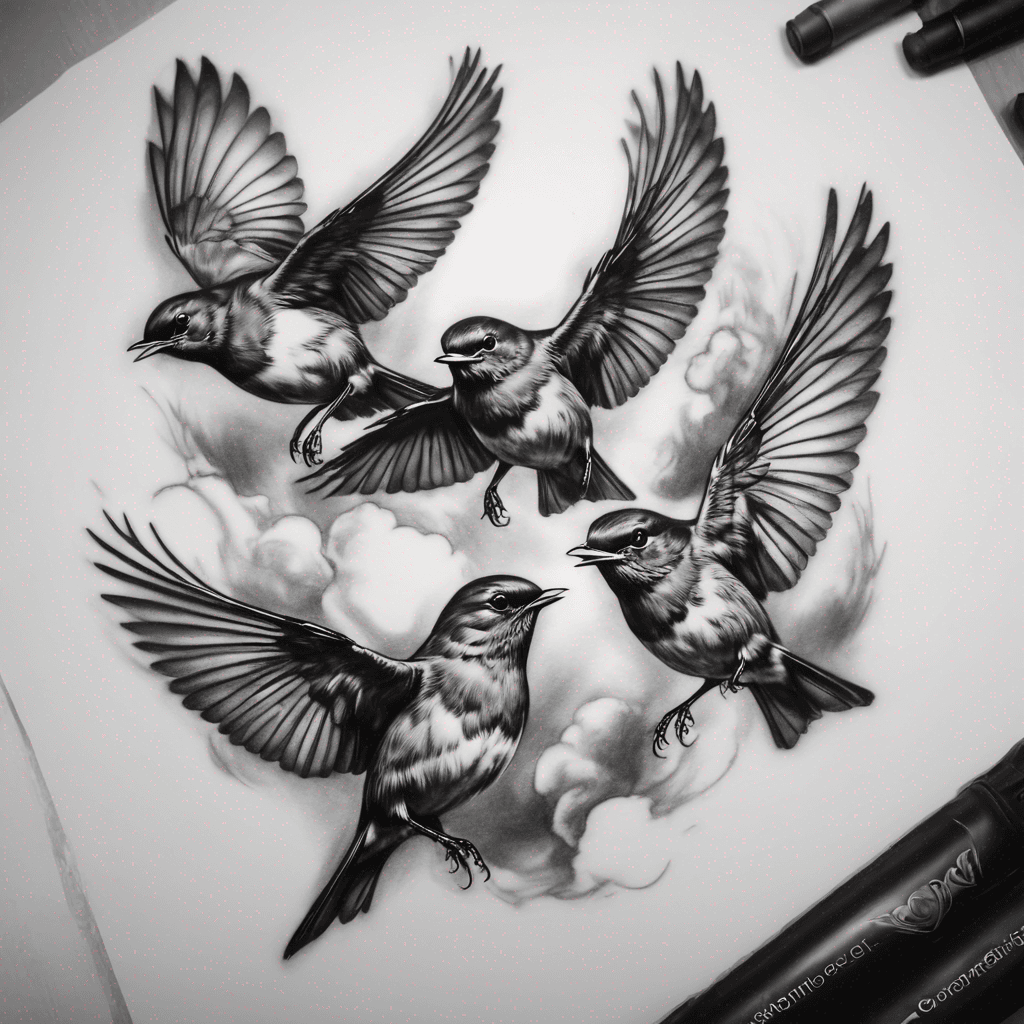 Three robins flying 