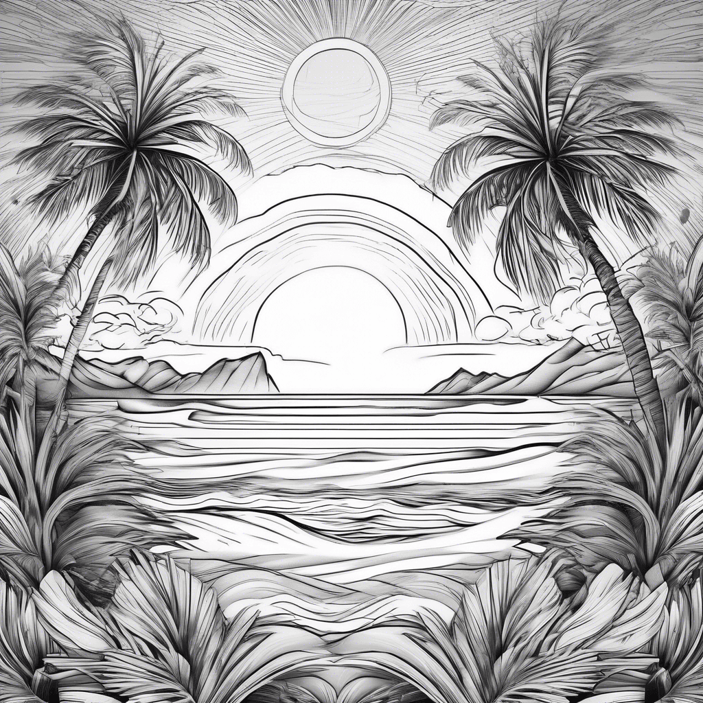 Sunset, beach, palms, 