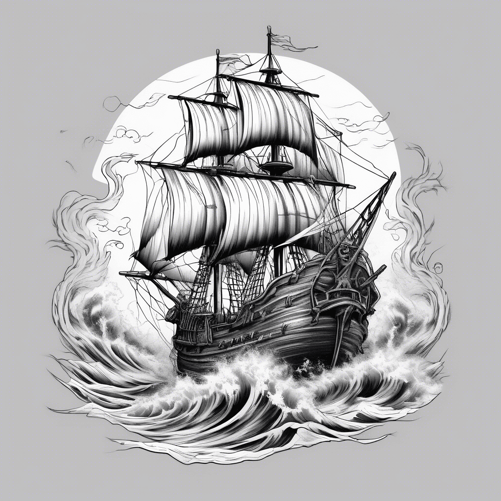 Pirates ship, wave and sea