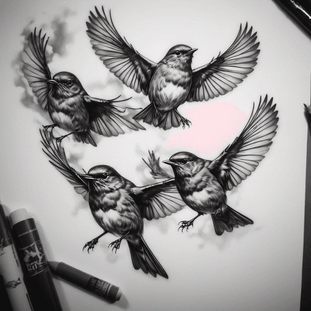 Three robins flying