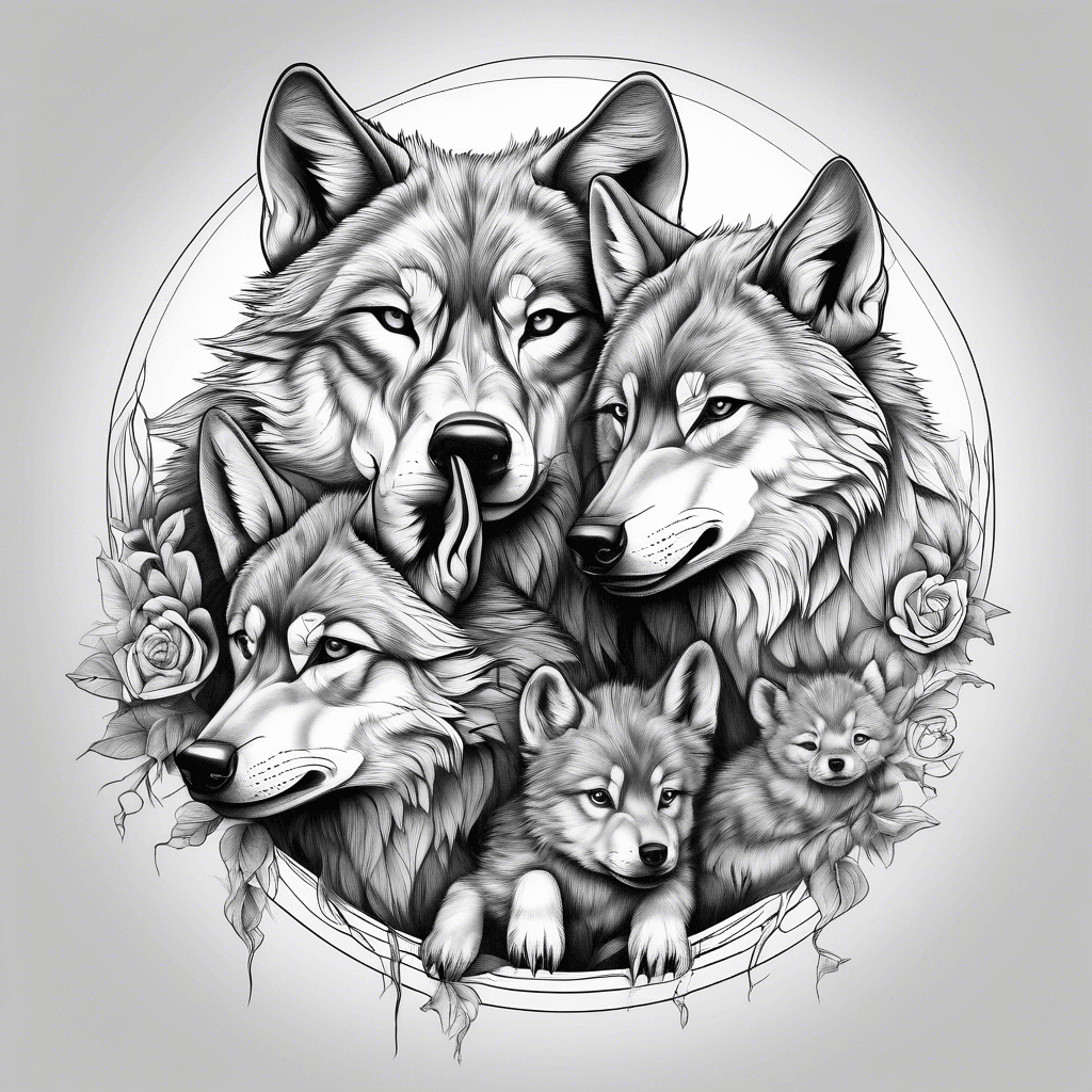 Wolf with two wolf cub