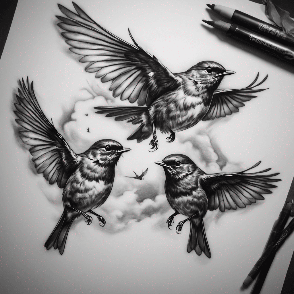 Three robins flying 