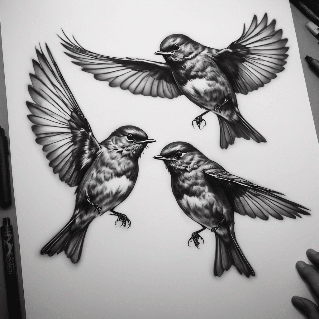 Three robins flying 