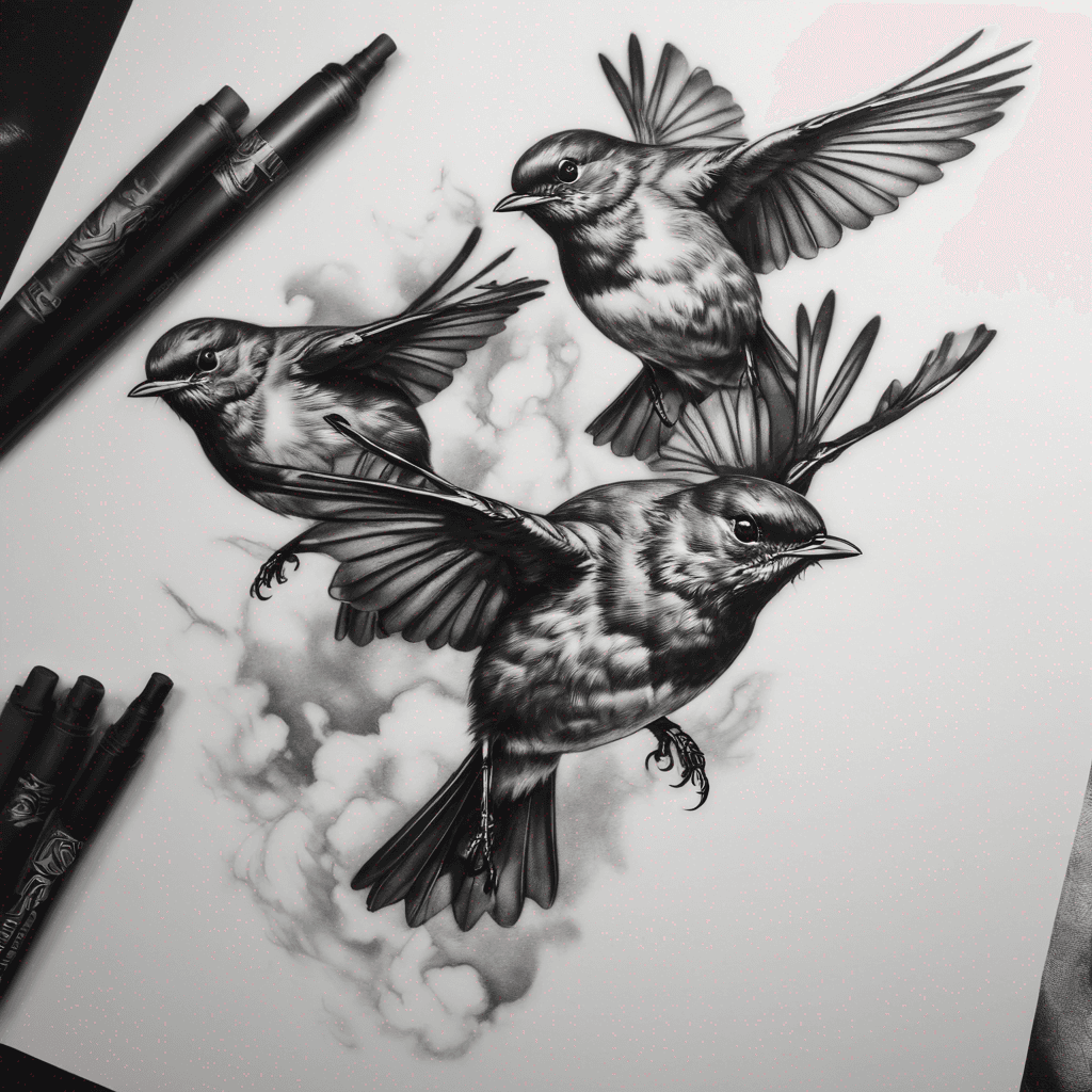 Three robins flying 