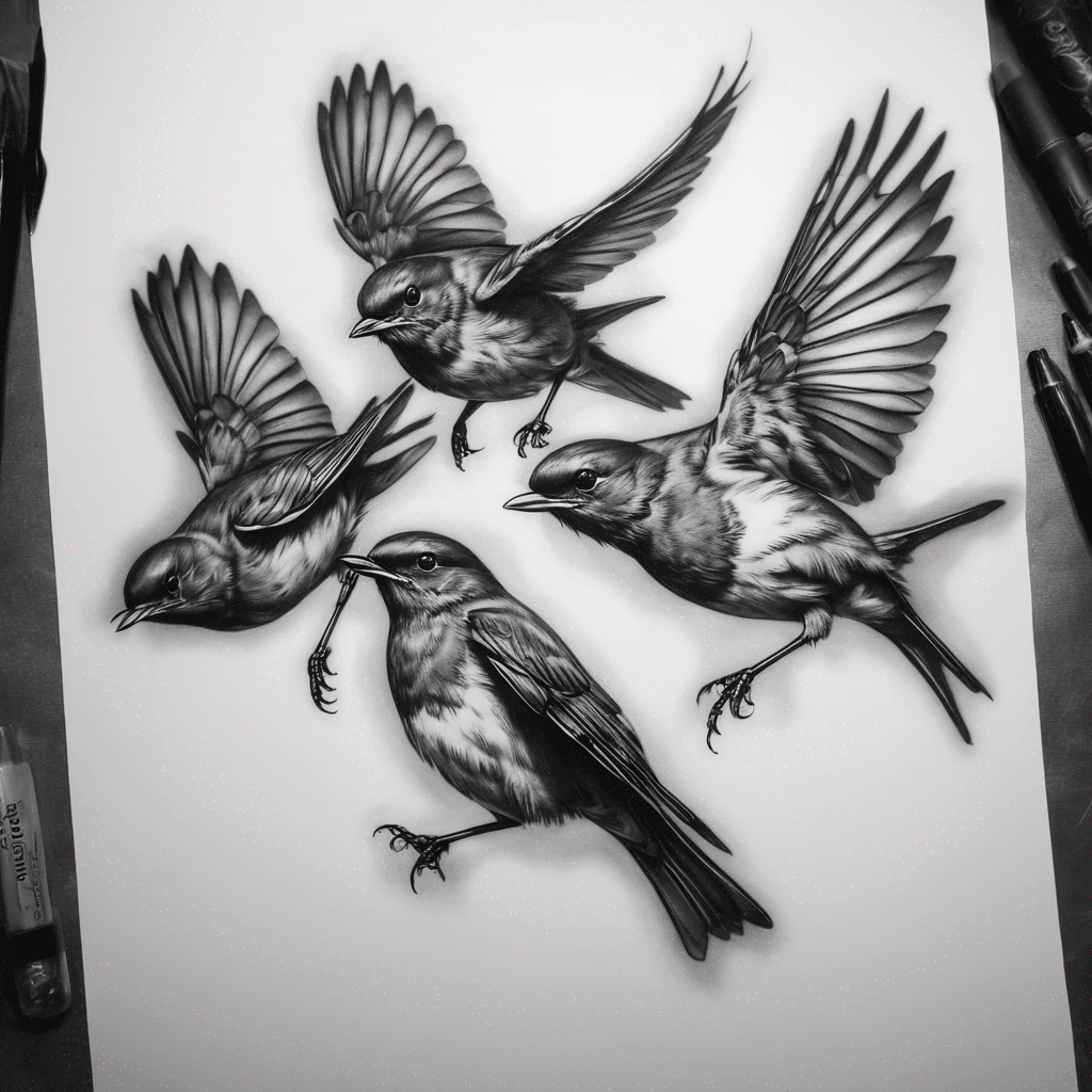 Three robins flying 