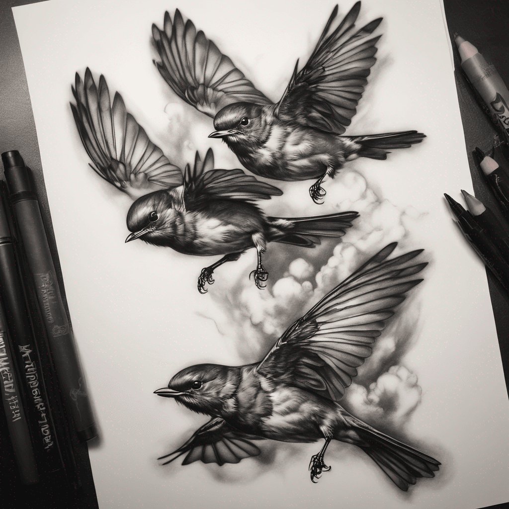 Three robins flying 