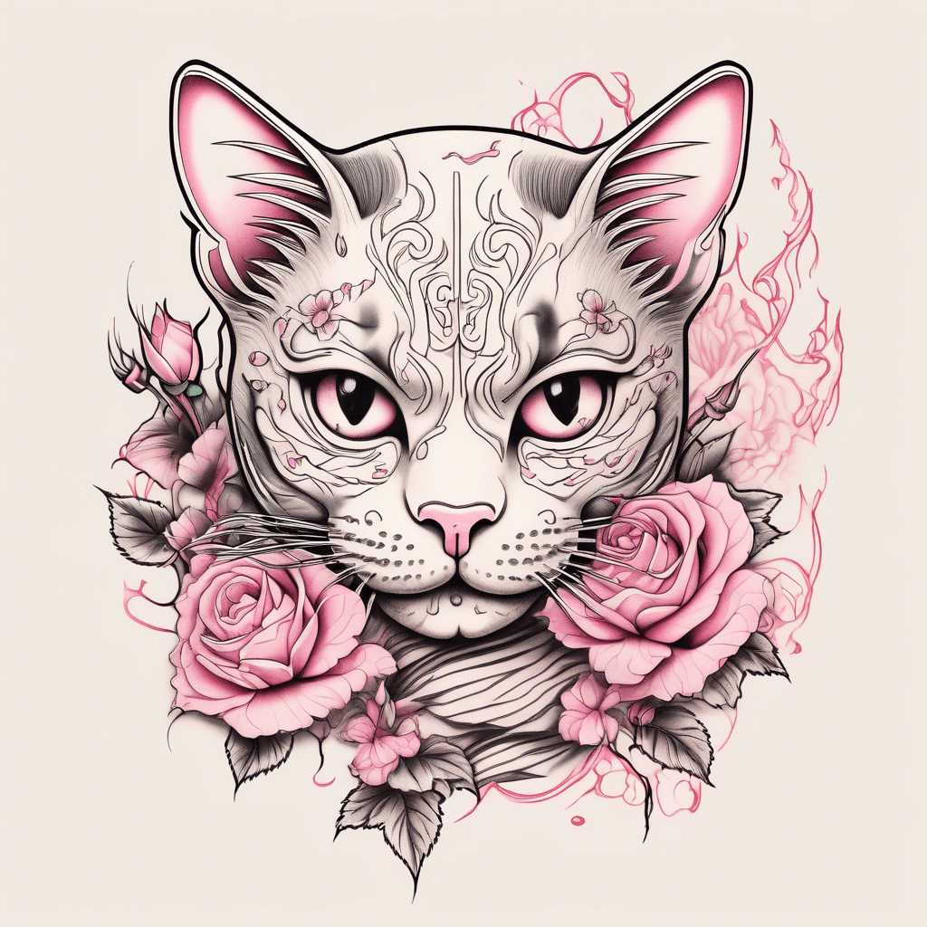 cat with pink roses
