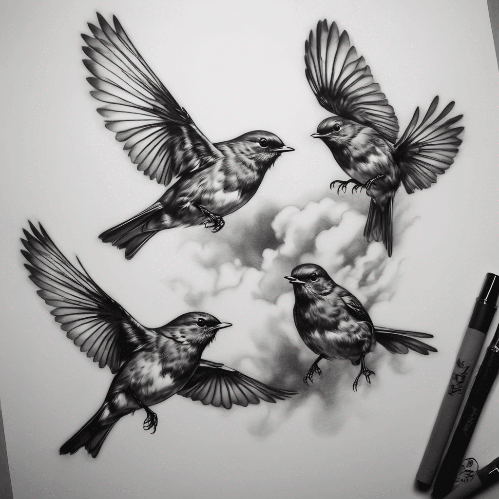 Three robins flying 