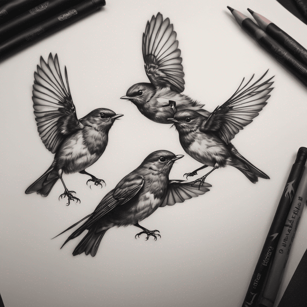 Three robins flying 