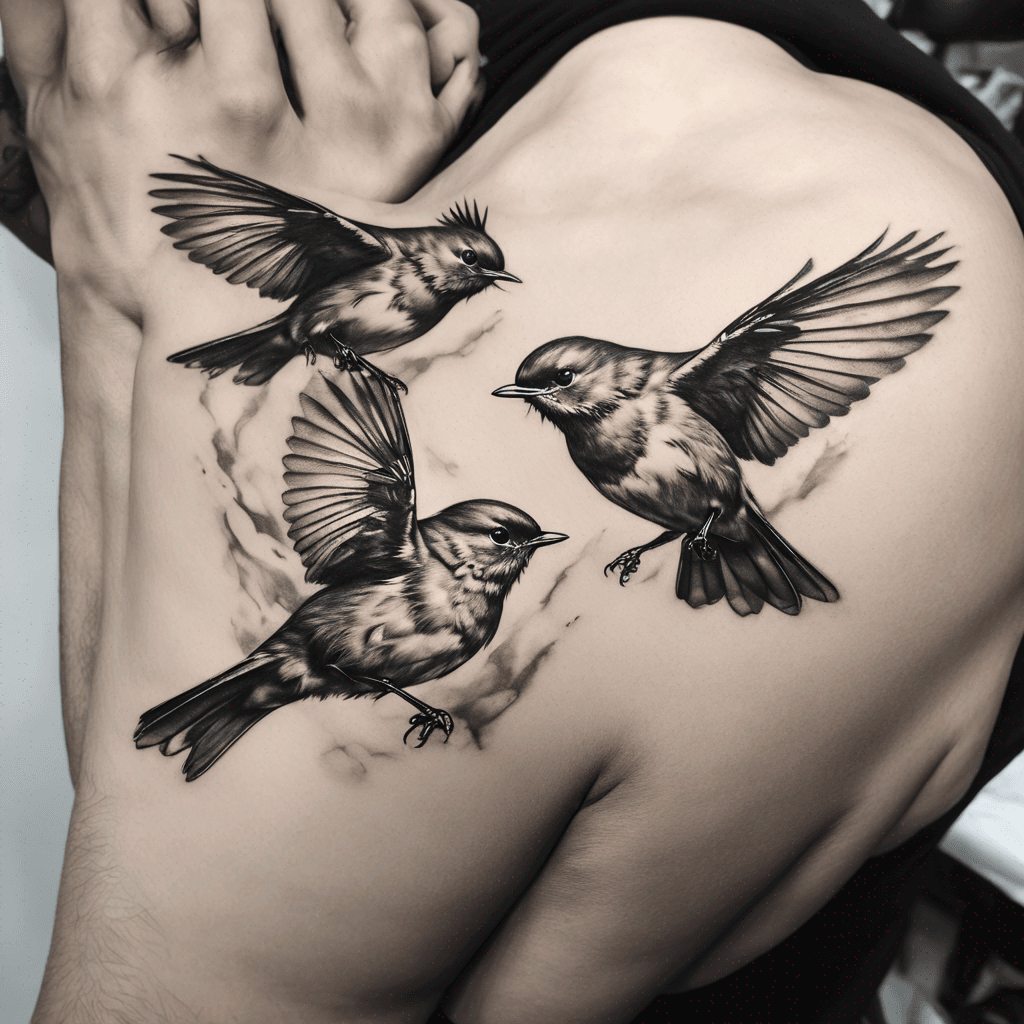 Three robins flying 