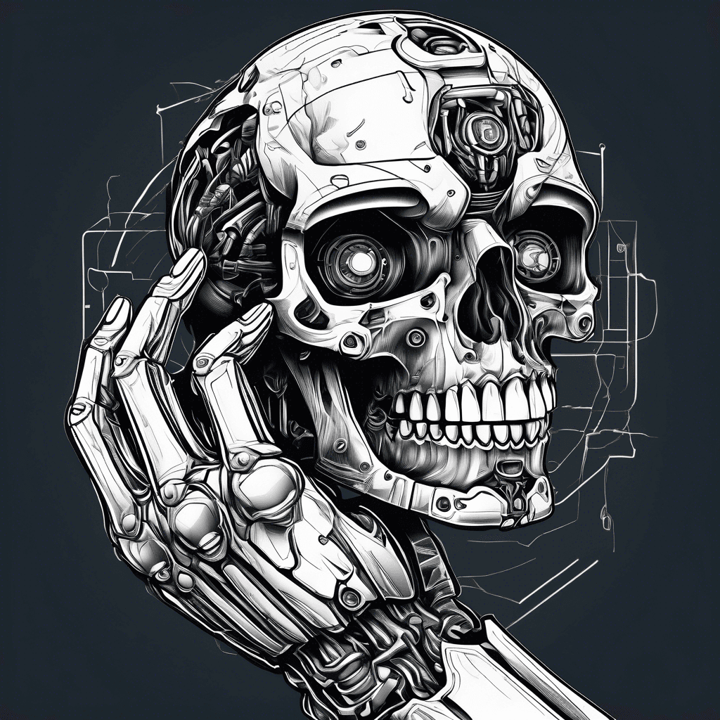 Robotic hand holding a skull