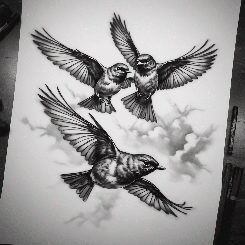 Three robins flying 