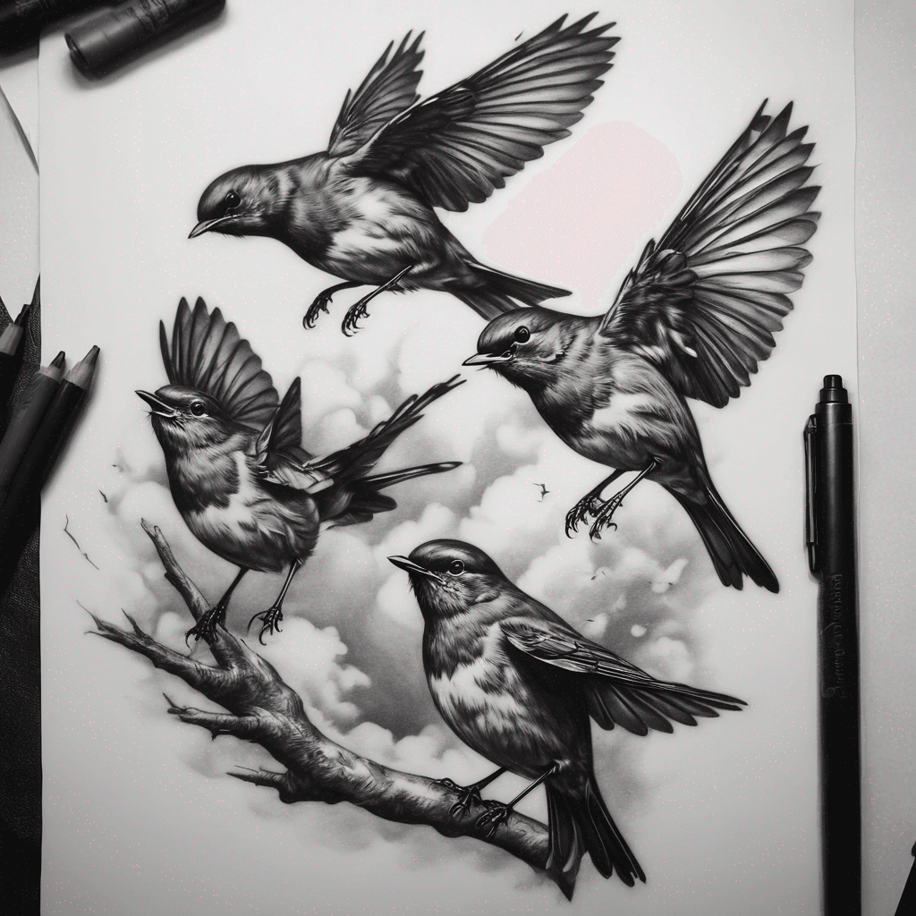 Three robins flying 