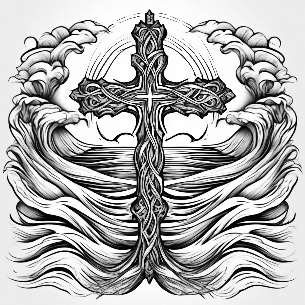 cross with ocean waves