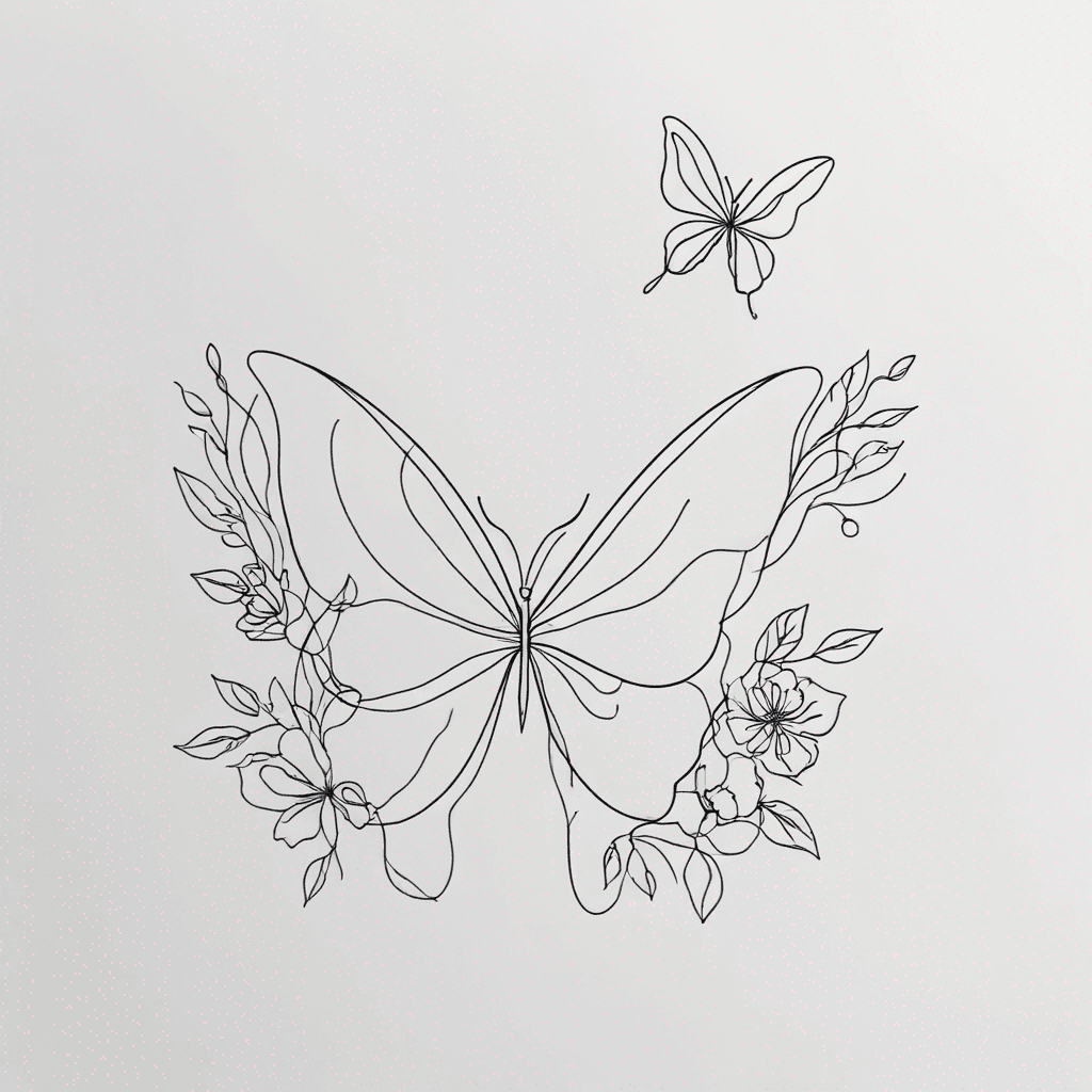 thin lines, flowers, butterfly