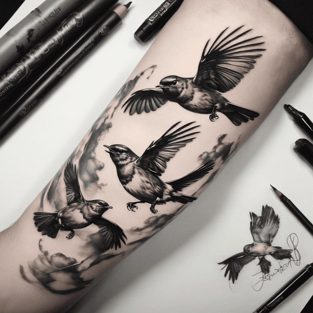 Three robins flying 