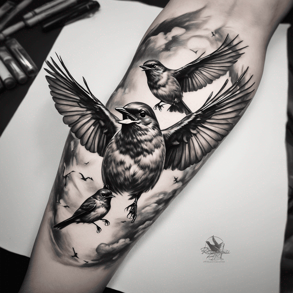 Three robins flying 