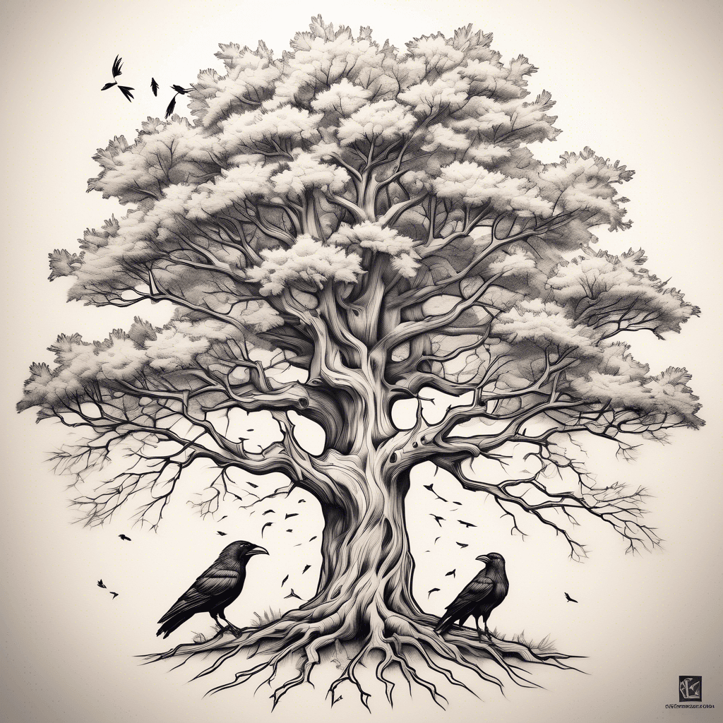 German Oak Tree with 3 crows