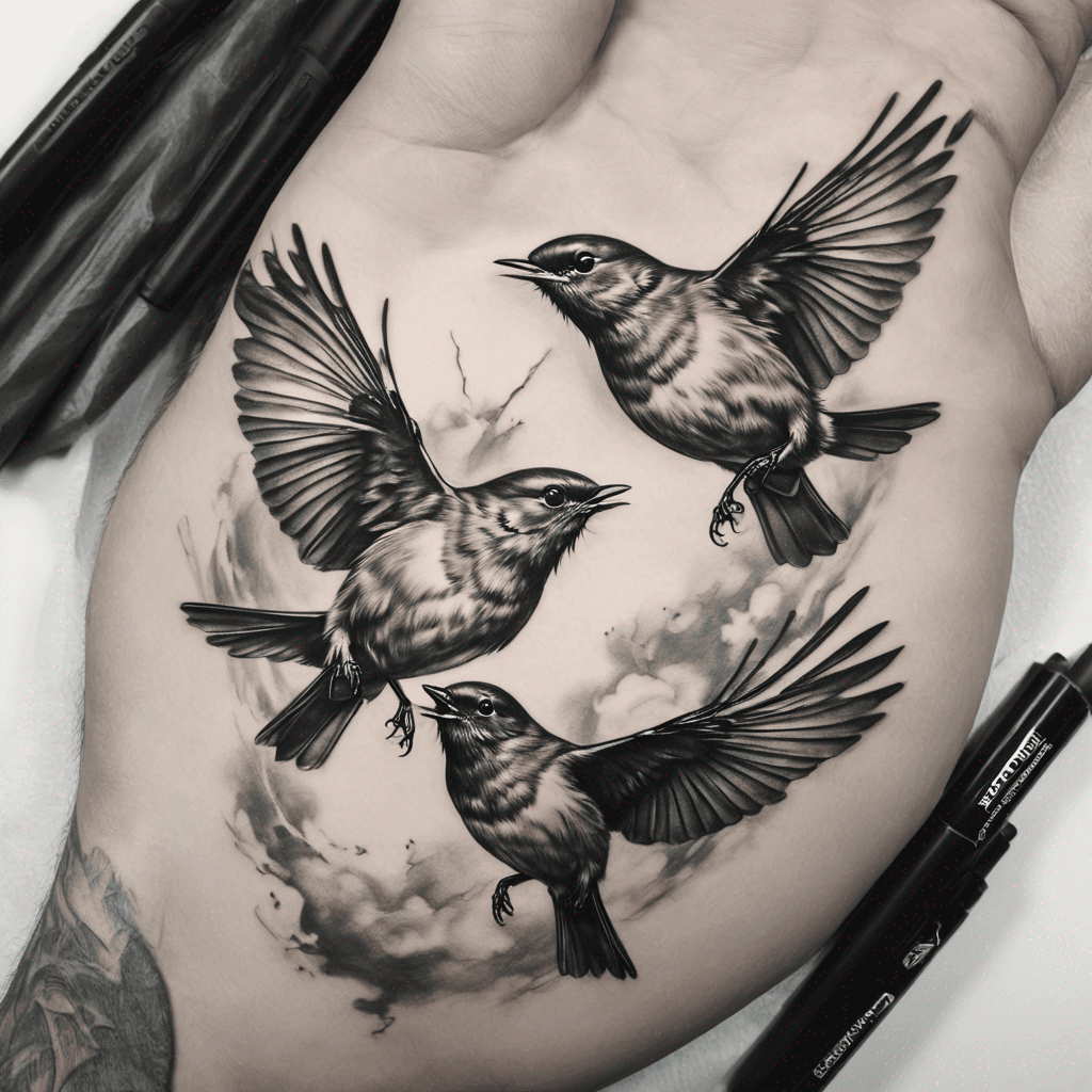 Three robins flying 
