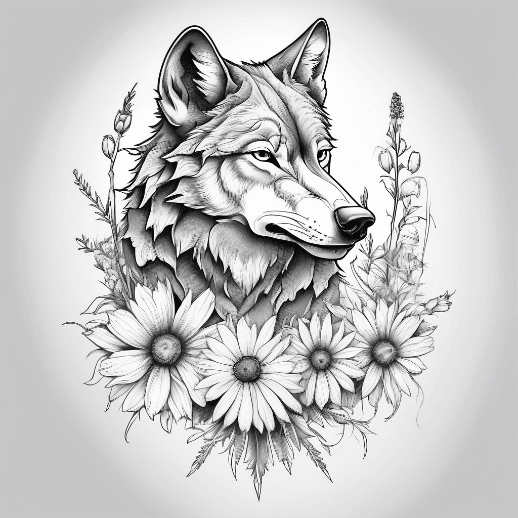 Wolf with daisy and larkspur
