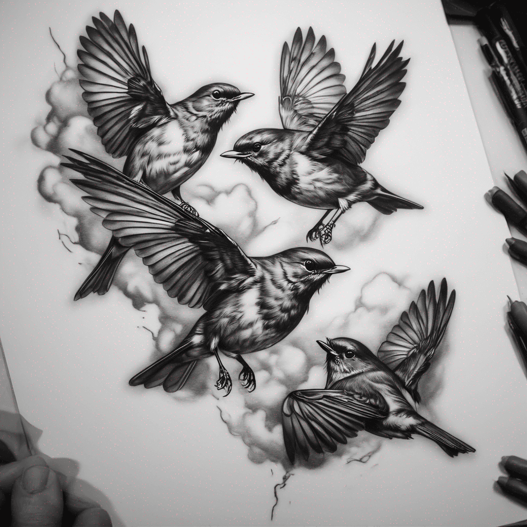 Three robins flying 