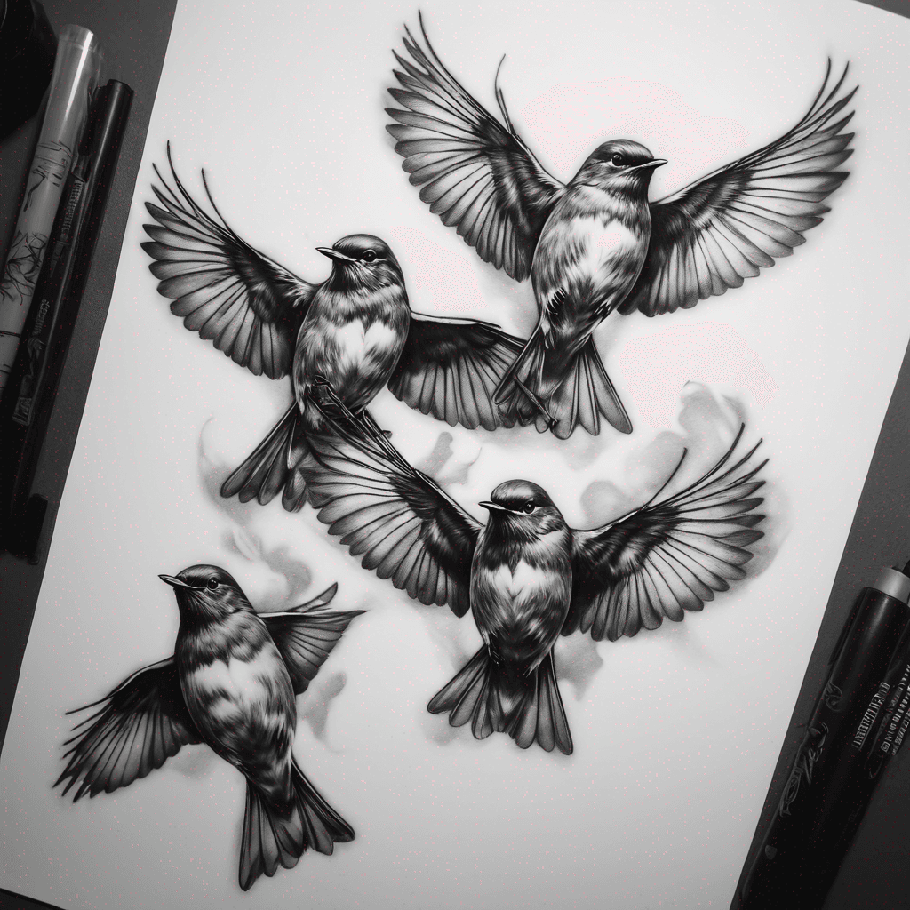 Three robins flying 