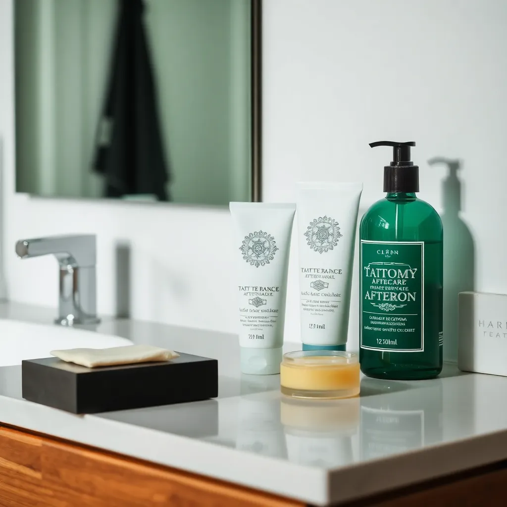 Tattoo aftercare products on bathroom counter