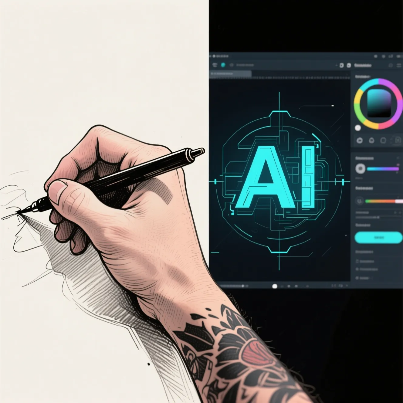 Split view showing human artist drawing vs AI generating tattoo design