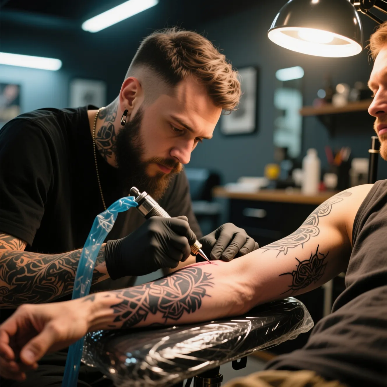 Human tattoo artist working on client in professional studio