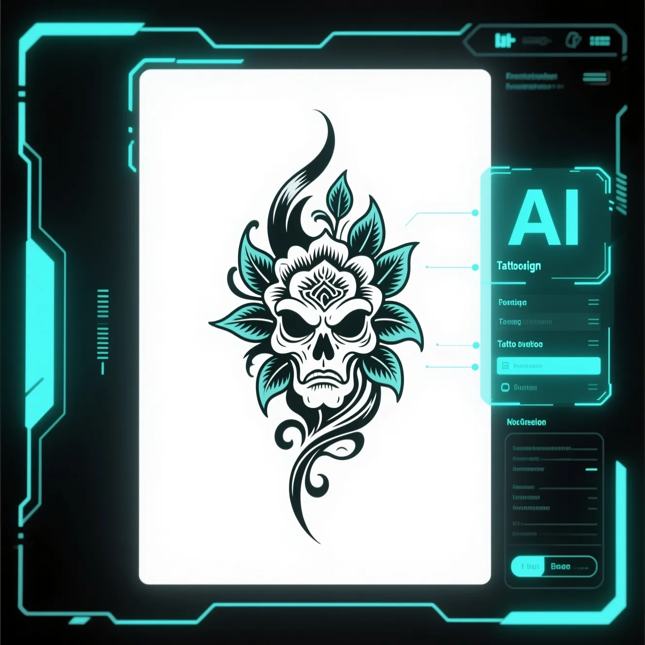 Futuristic AI interface showing tattoo design generation