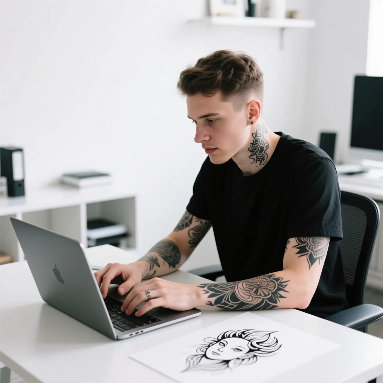 Person using laptop to generate tattoo designs with AI