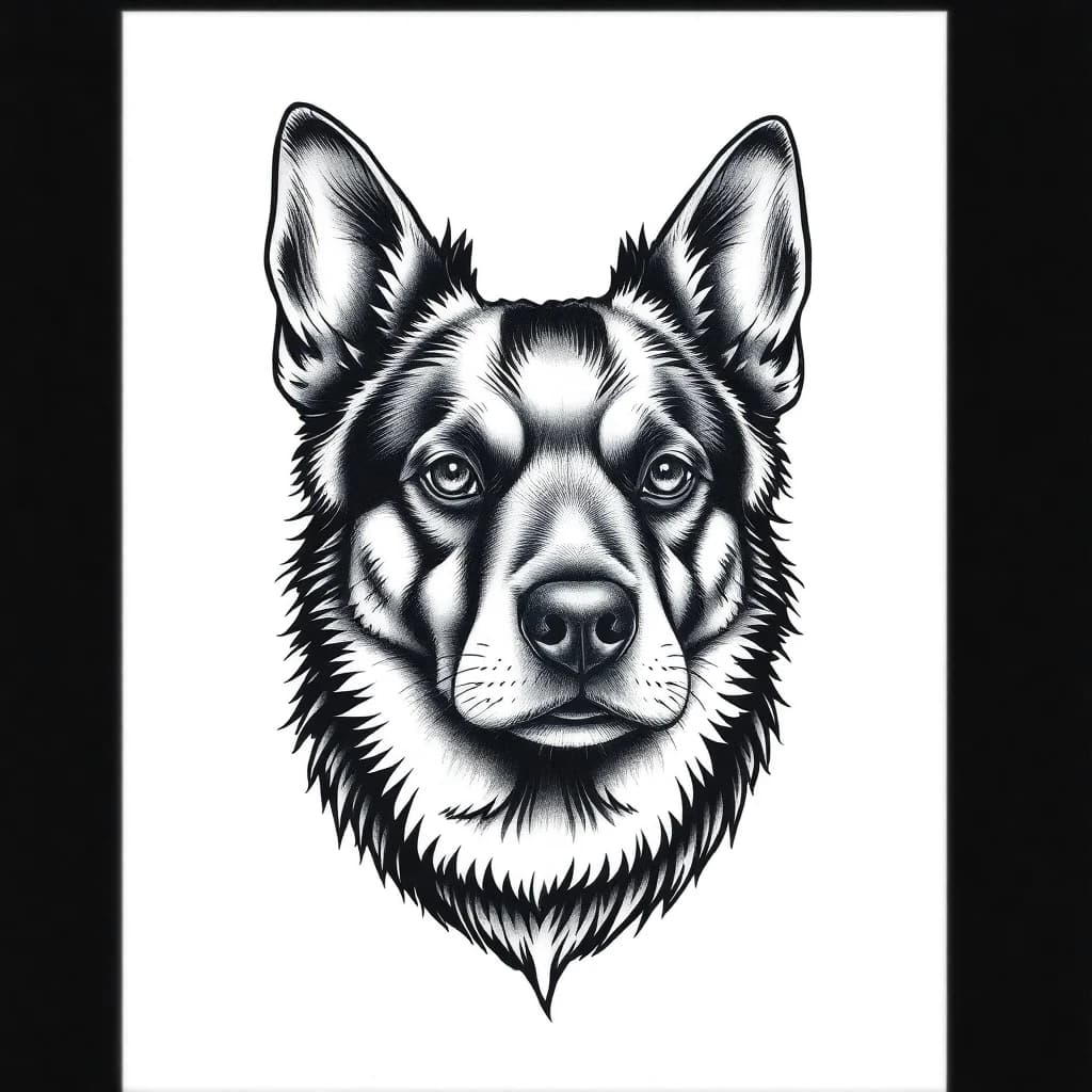 Example of an AI-generated dog portrait tattoo design in black and grey style