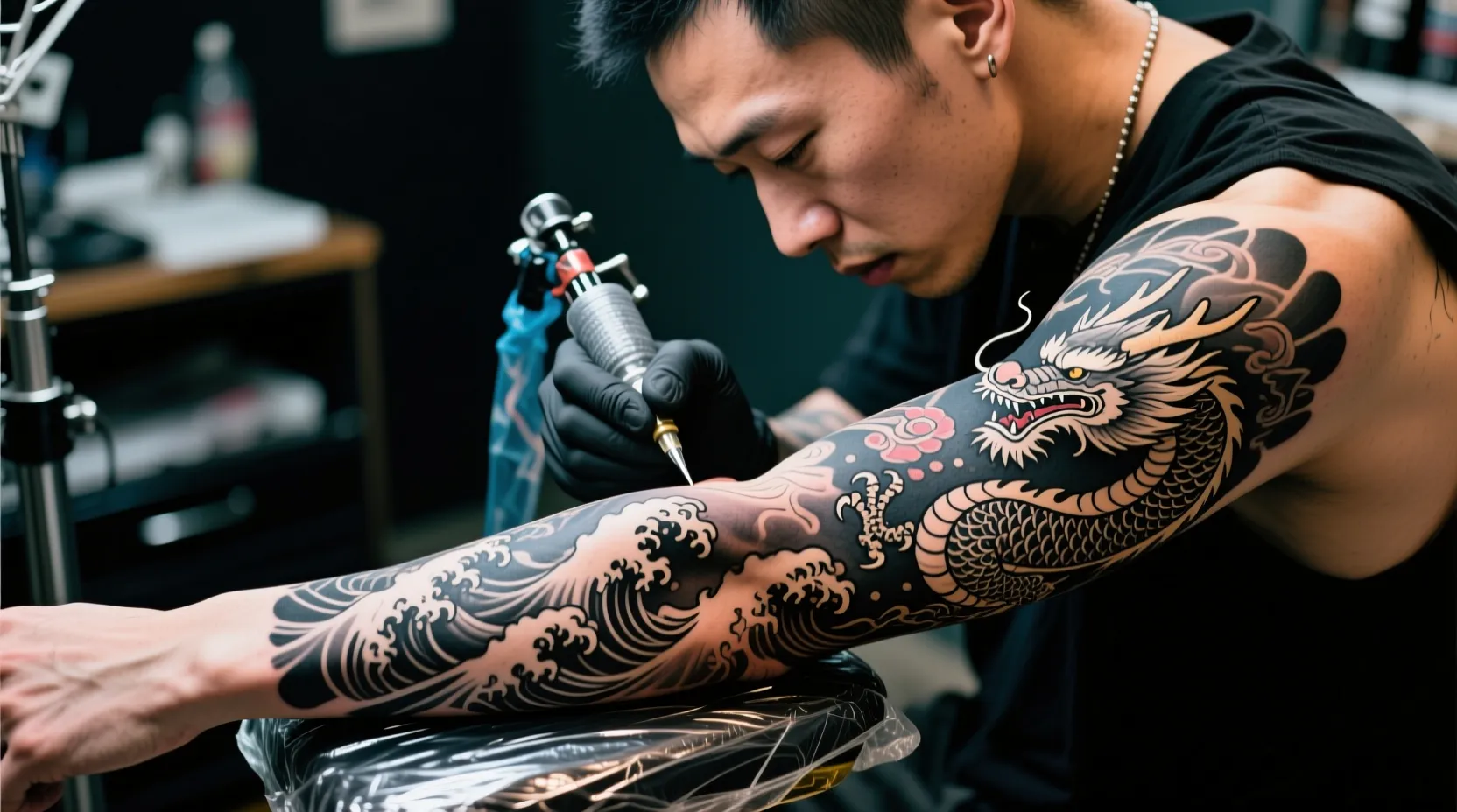Tattoo artist working on detailed sleeve design