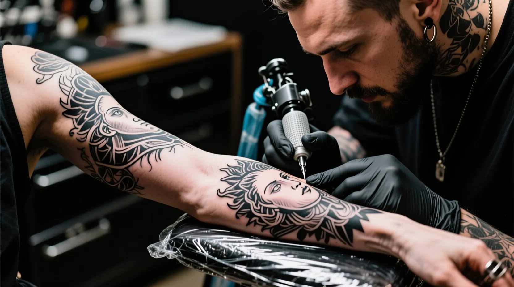 Professional tattoo artist working on detailed tattoo showing time and skill investment