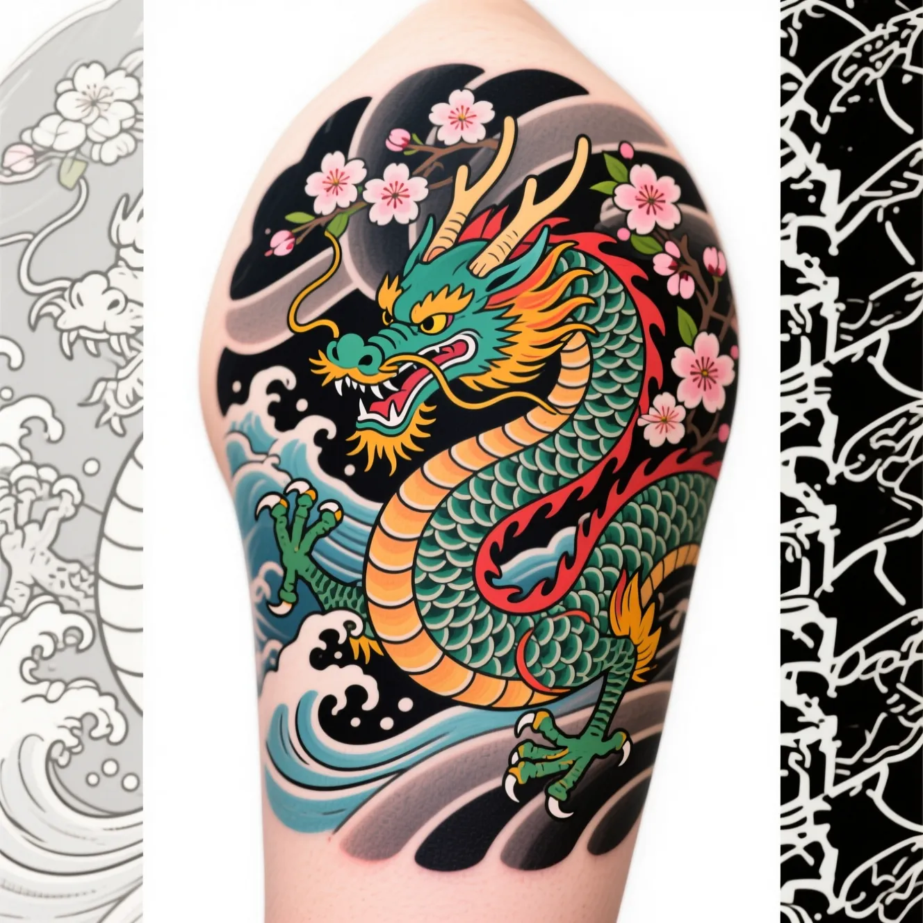 Japanese dragon tattoo with waves and cherry blossoms