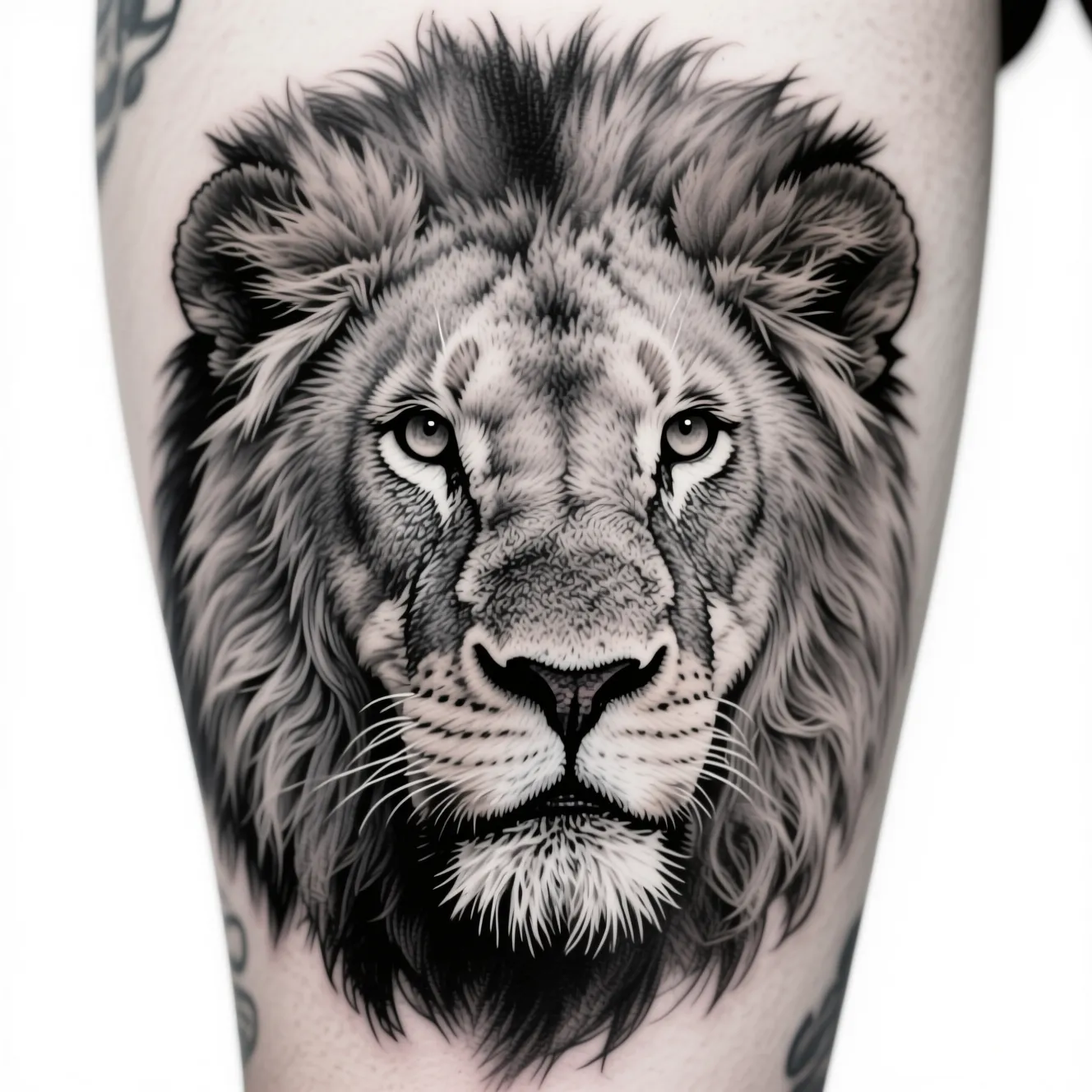 Realistic black and grey lion portrait tattoo