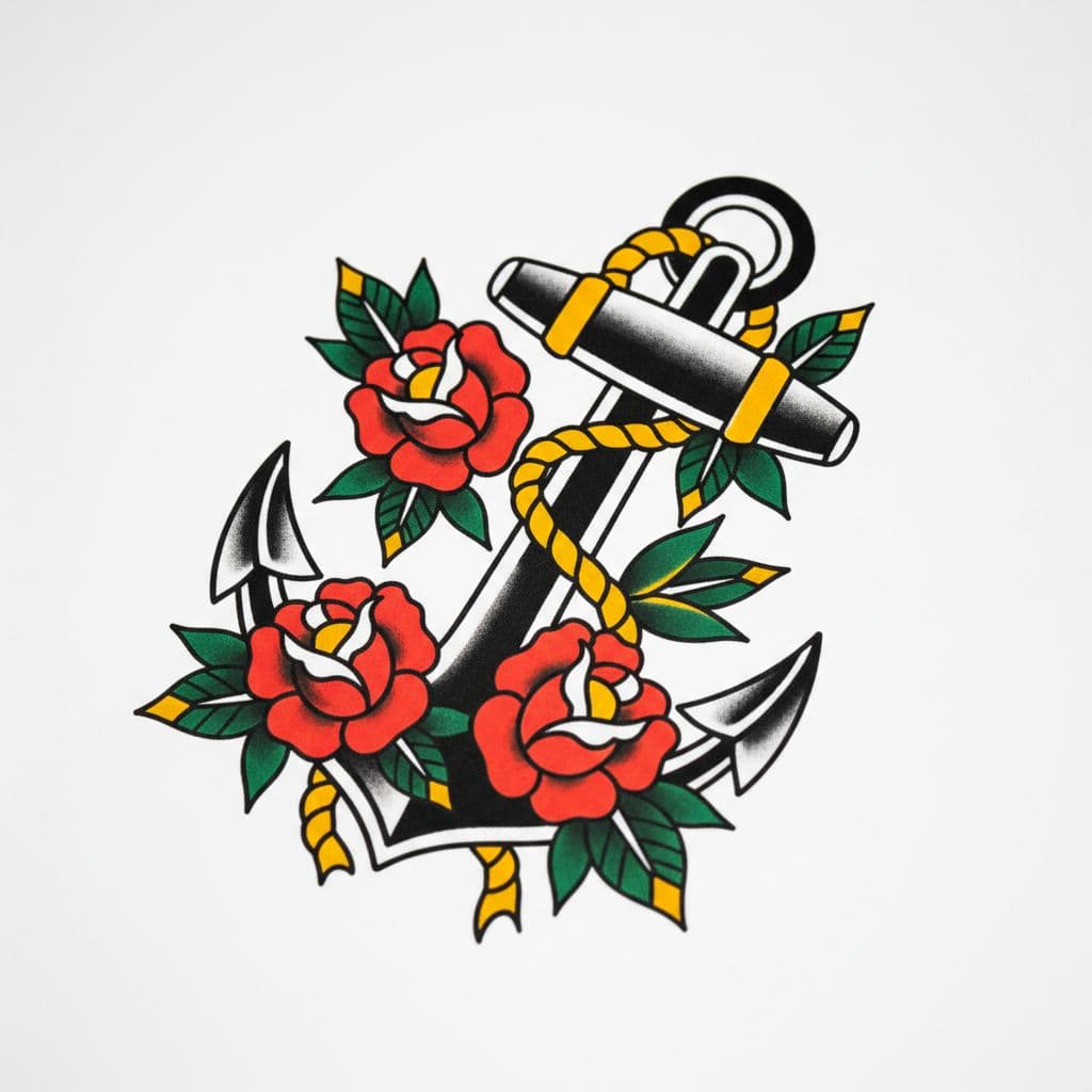 American traditional tattoo with bold outlines and roses