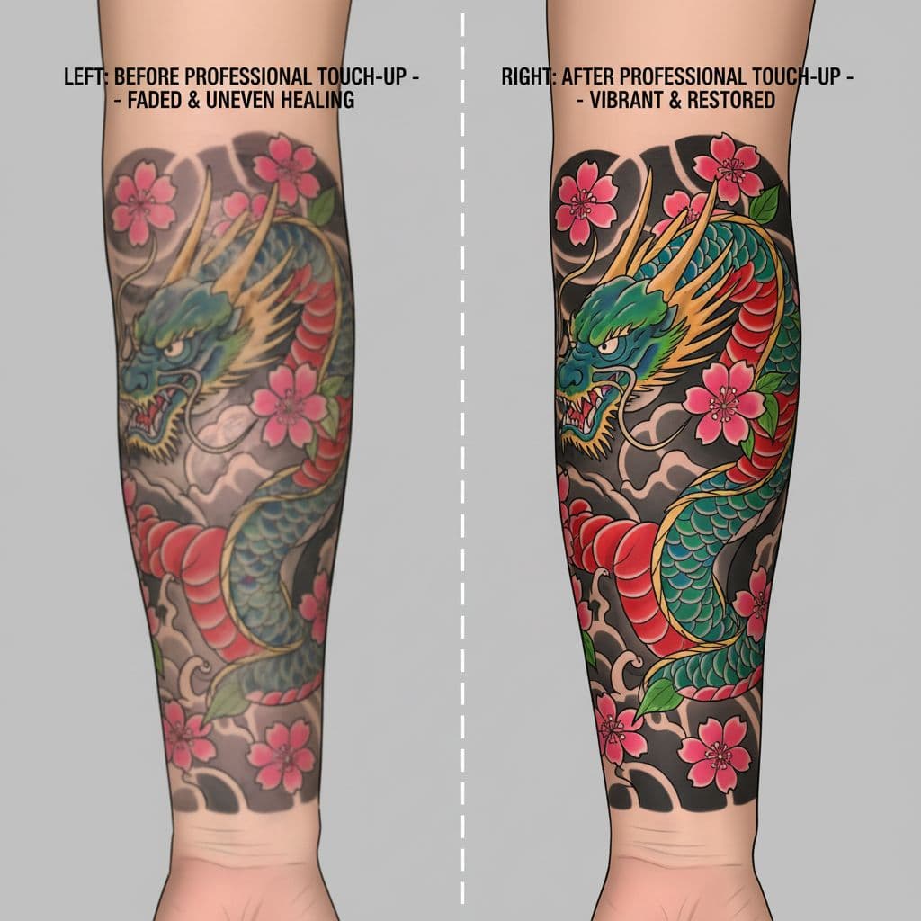 Tattoo healing comparison showing before and after touch-up