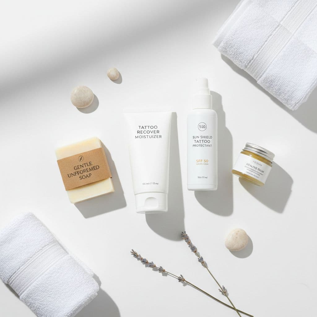 Tattoo aftercare products including moisturizer and sunscreen