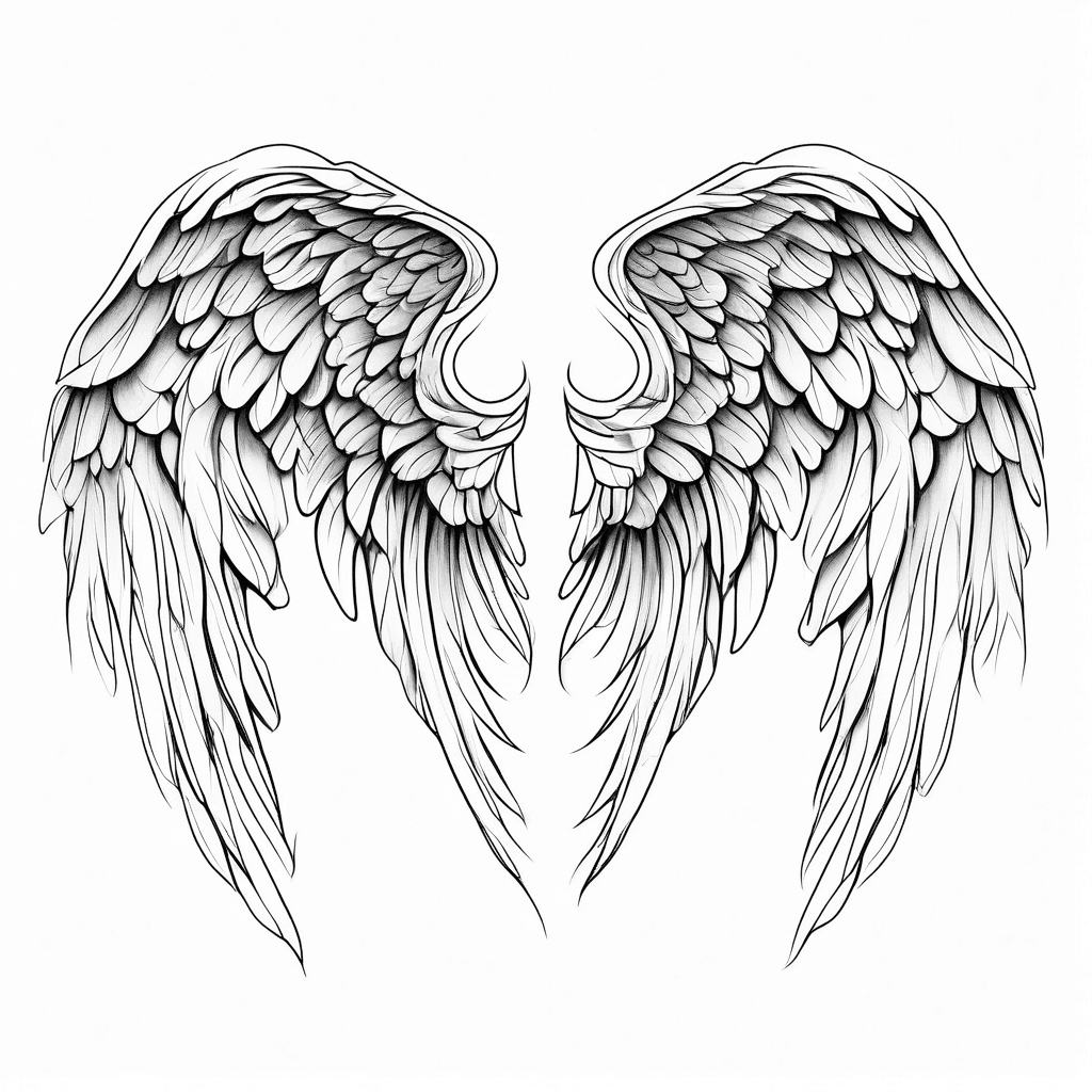 minimalist angel wings tattoo design, black on white background, ,vector, caligraphy style, feminem