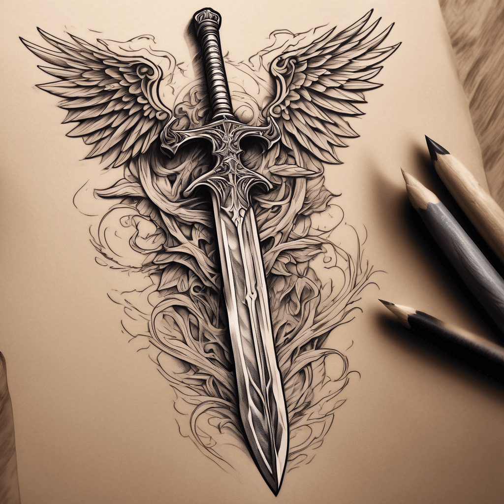 Inverted long sword where one half is sharp blade and devil wing is coming out of that, other half of the sword is rustic and used, and angel wing is coming out from this sode. The handel will be at the top , normal wooden