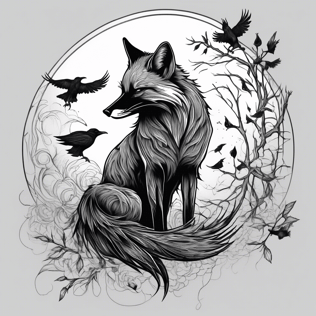 black fox with crows flying